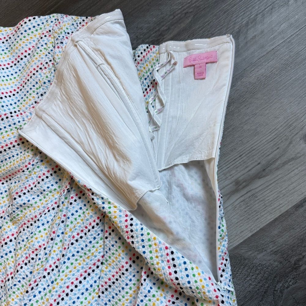 Lilly Pulitzer Gweneth Strapless Seersucker Dress Rainbow Dot White 14 - Picture 5 of 10